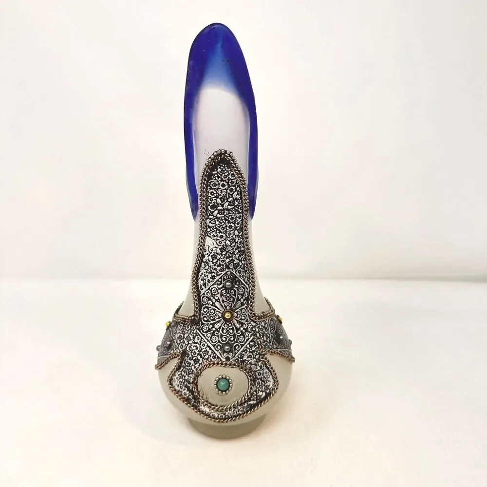 Vintage Moroccan Art Glass Vase Cobalt Blue Ruffled Hand Blown Metal Overlay Boh